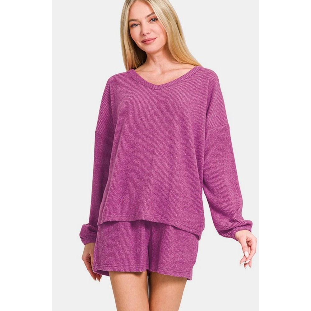 Zenana V-Neck Long Sleeve Ribbed Top and Shorts Set - Red/Violet - Small